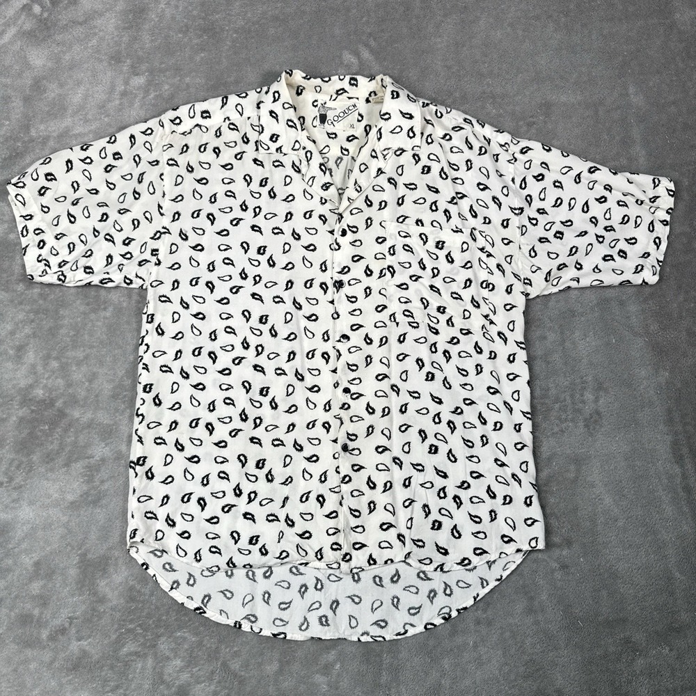 Vintage Goouch Shirt Mens XL Abstract Geometric Rayon White Disco 70s 80s